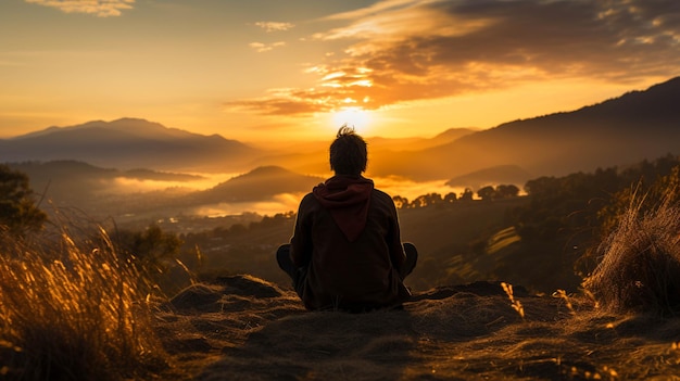 Un uomo seduto su una collina e godendo il momento del tramonto