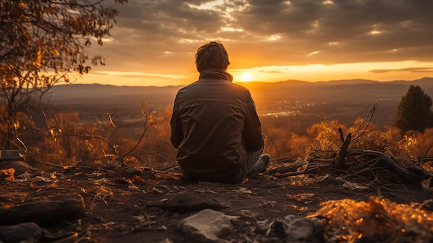 Un uomo seduto su una collina e godendo il momento del tramonto