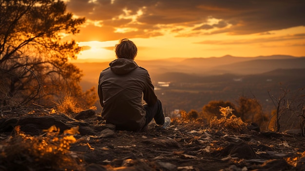 Un uomo seduto su una collina e godendo il momento del tramonto