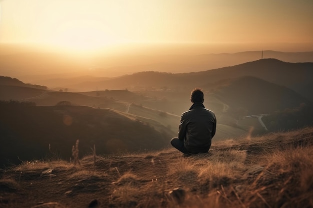 Un uomo seduto su una collina guarda il tramonto