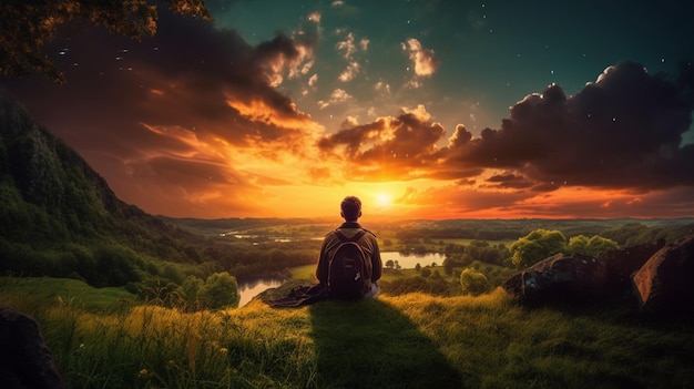 Un uomo seduto su una collina guarda un tramonto.