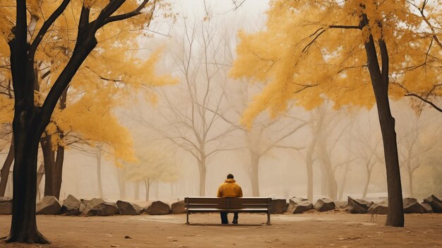 Un uomo seduto su una panchina del parco in un parco nebbioso con alberi sullo sfondo