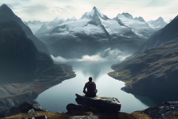 Un uomo seduto su una roccia di fronte a una montagna e il cielo è nuvoloso.