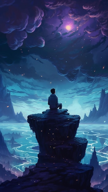 Un uomo seduto su una scogliera guarda la luna e le stelle sono visibili.