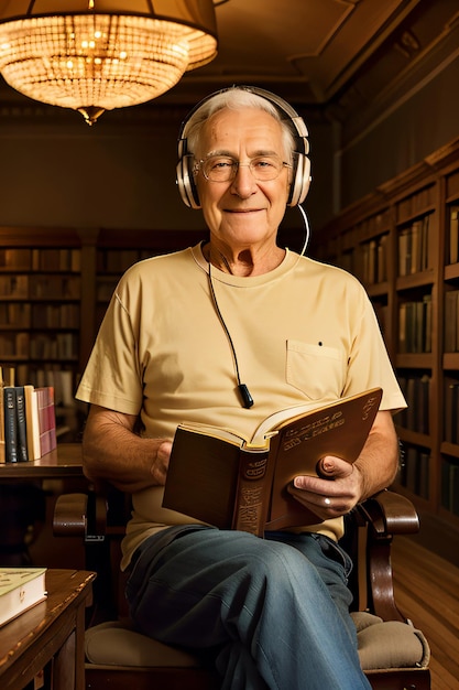 un uomo seduto su una sedia con le cuffie mentre legge un libro in una biblioteca con scaffali e un lampadario