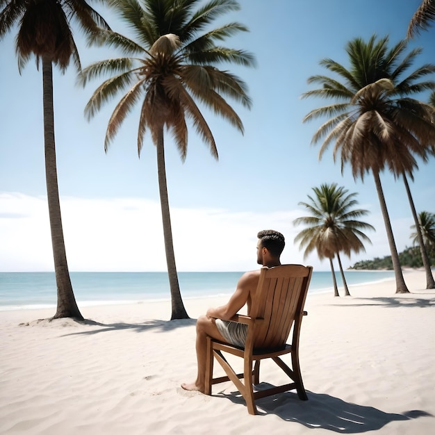 un uomo seduto su una sedia di legno su una spiaggia sabbiosa
