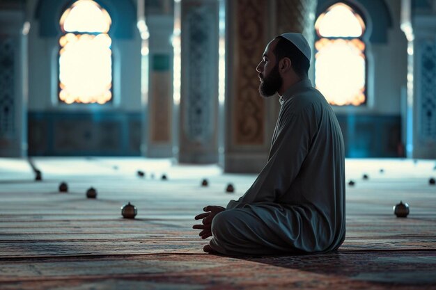 un uomo seduto sul pavimento in una moschea