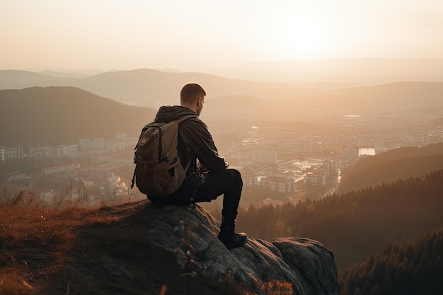 un uomo seduto sulla cima di una montagna che guarda la città e le montagne in lontananza con le spalle alla telecamera