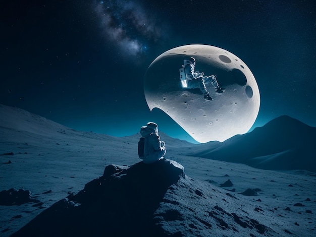 Un uomo seduto sulla superficie della luna illuminata