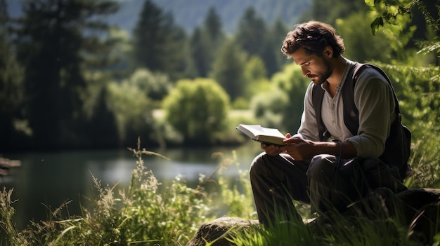 Un uomo seduto tranquillamente su una roccia in profonda riflessione mentre è assorto nella lettura di un libro