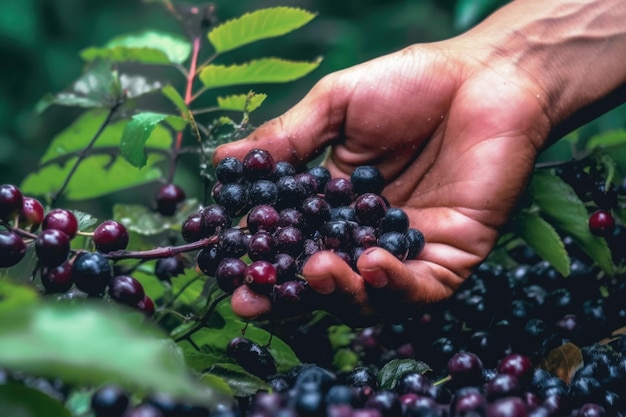 Un uomo seleziona a mano con cura le bacche di acai mature