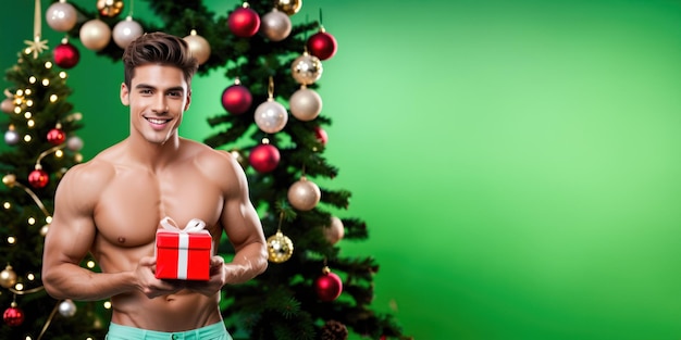 Un uomo senza camicia sorridente che tiene una scatola di regali rossa di fronte a un albero di Natale decorato con una b verde