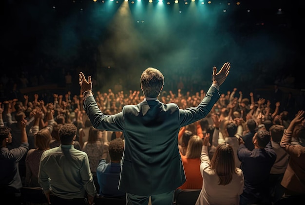 un uomo si alza e tiene le mani in aria davanti a un palco in stile audace e impegnato
