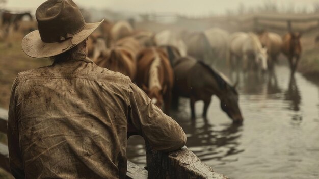 Un uomo si appoggia contro una recinzione di legno rivolto lontano dalla telecamera mentre guarda un gruppo di cavalli bere