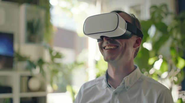 Un uomo si avventura in un viaggio virtuale sperimentando la meraviglia dell'innovazione VR sorridendo