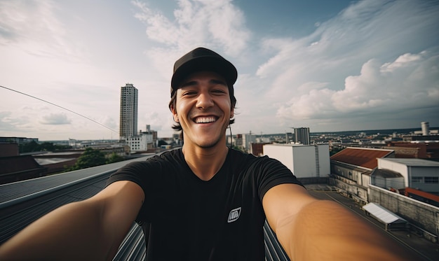 Un uomo si fa un selfie in cima a un edificio