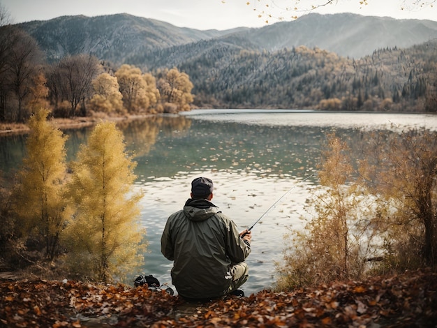 un uomo si gode l'atmosfera di un lago tranquillo mentre pesca