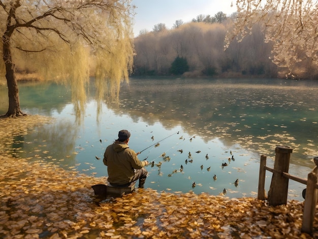 un uomo si gode l'atmosfera di un lago tranquillo mentre pesca