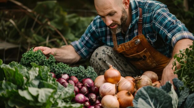 Un uomo si inginocchia rispettosamente accanto a un abbondante mucchio di verdure fresche