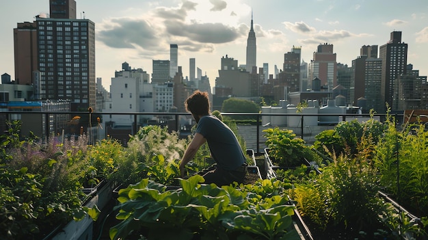 Un uomo si occupa di un giardino sul tetto al mattino presto Il sole sta sorgendo sulla città sullo sfondo