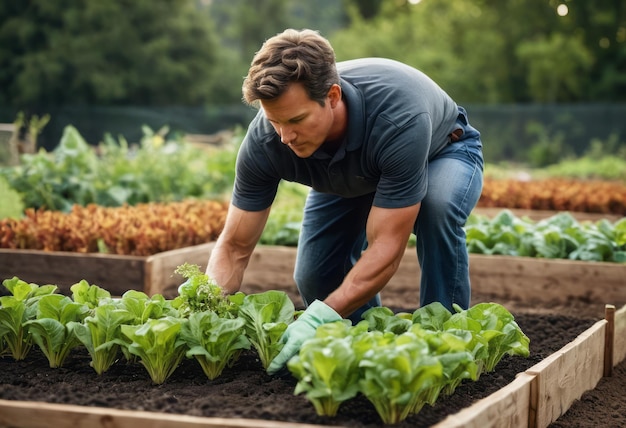 Un uomo si prende cura delle piante nel suo letto di giardino coinvolto nella coltivazione e nella cura della vegetazione