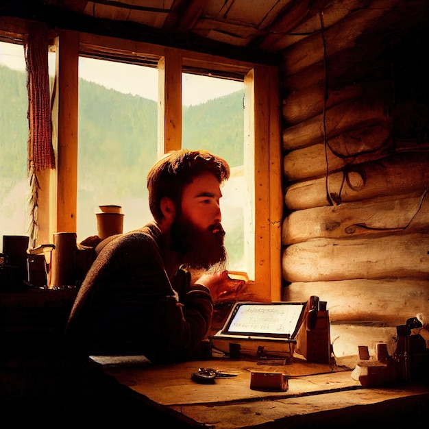 un uomo si siede a un tavolo con un portatile e una finestra sullo sfondo