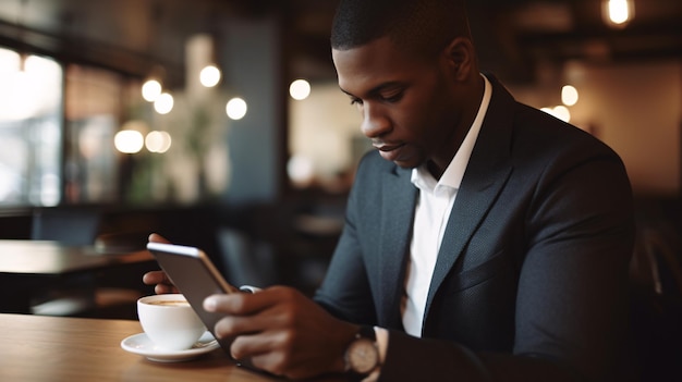 Un uomo si siede a un tavolo e guarda il suo telefono mentre tiene in mano una tazza di caffè.