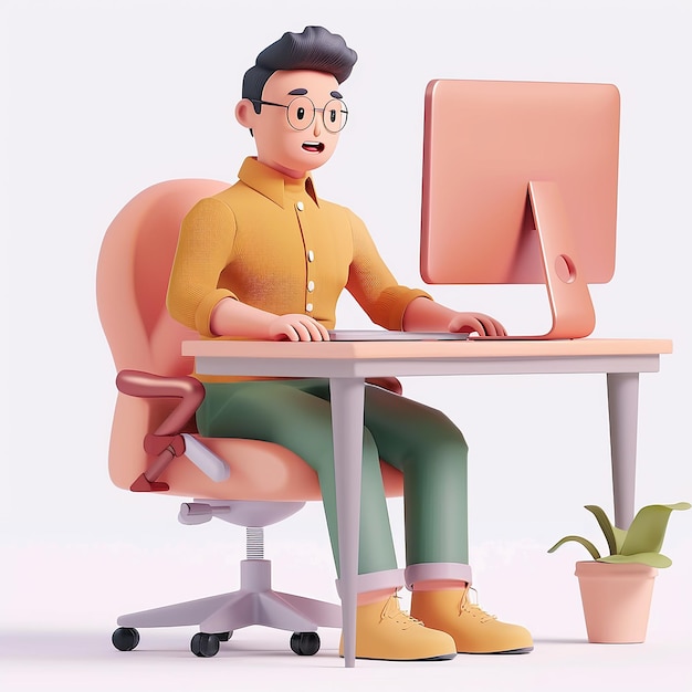un uomo si siede a una scrivania con un computer e una foto di un uomo sul muro
