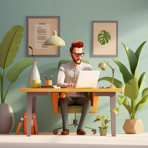un uomo si siede a una scrivania con un portatile e una foto di una pianta
