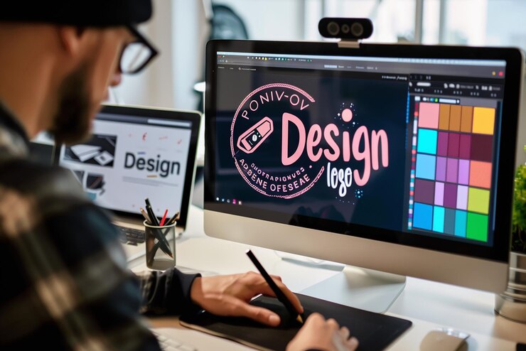 Foto un uomo si siede a una scrivania con uno schermo che dice design design design design