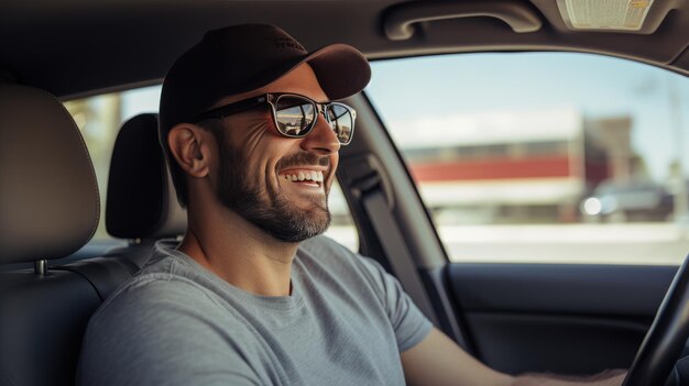 Un uomo si siede al volante di un'auto e sorride.