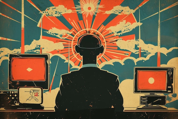 Un uomo si siede davanti a due monitor di computer concentrato sul suo lavoro poster di propaganda in stile retrostile che promuove la consapevolezza della sicurezza informatica generato da AI