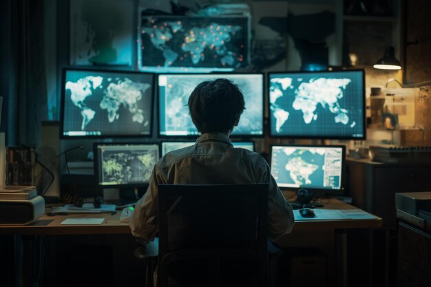 un uomo si siede davanti a un computer con la mappa del mondo sullo schermo