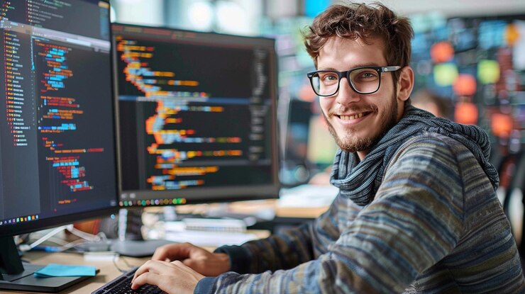 Foto un uomo si siede davanti a un computer con la parola x su di esso