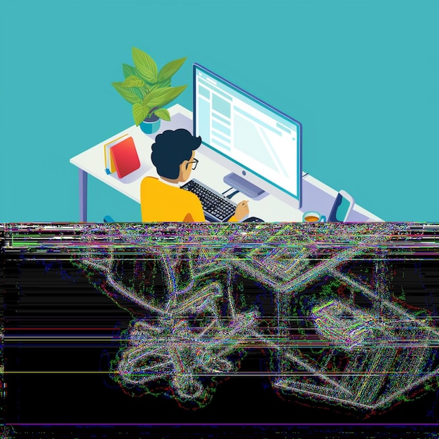 un uomo si siede davanti a un computer con un'immagine di un uomo sullo schermo