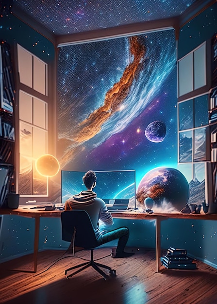 Un uomo si siede davanti a un computer e vede l'universo
