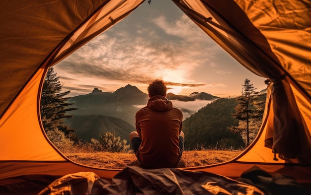 Un uomo si siede davanti a una tenda davanti a una montagna con il sole che tramonta dietro di lui.