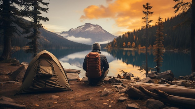 un uomo si siede di fronte a un lago e una montagna con un lago sullo sfondo.