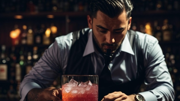 Un uomo si siede in un vivace bar di un nightclub a gustarsi un cocktail con un comportamento allegro e rilassato.