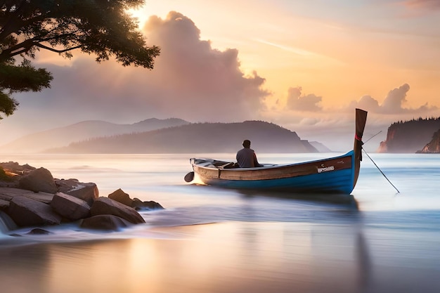 Un uomo si siede in una barca sulla spiaggia al tramonto.