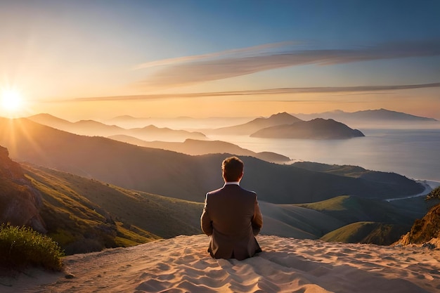 Un uomo si siede su una duna di sabbia guardando il tramonto.