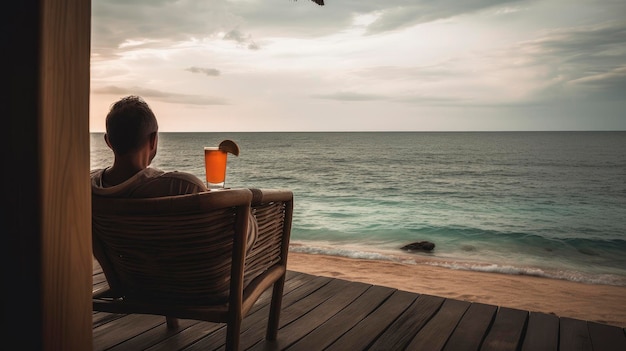 Un uomo si siede su una sedia su una spiaggia con un drink in mano.