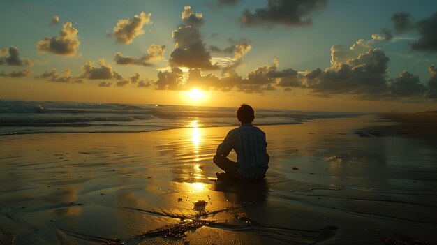 un uomo si siede su una spiaggia a guardare il tramonto