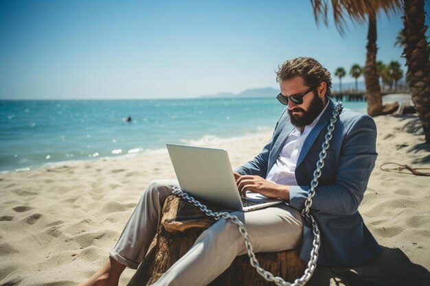 un uomo si siede su una spiaggia con un computer portatile.