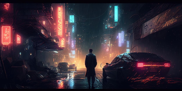 Un uomo si trova al buio davanti a un'insegna al neon che dice "cyberpunk"