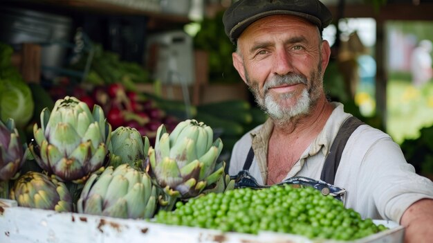 Un uomo si trova con fiducia davanti a una vivace esposizione di verdure fresche e colorate in una bancarella del mercato