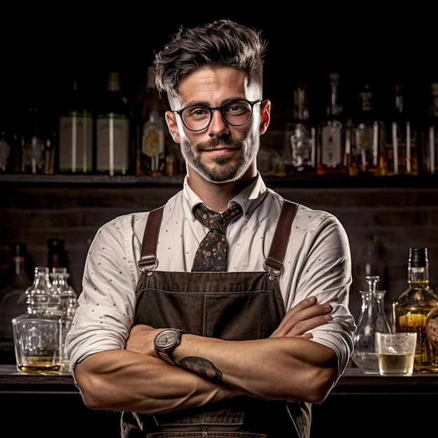 Un uomo si trova davanti a un bar con un bicchiere di whisky dietro di lui.