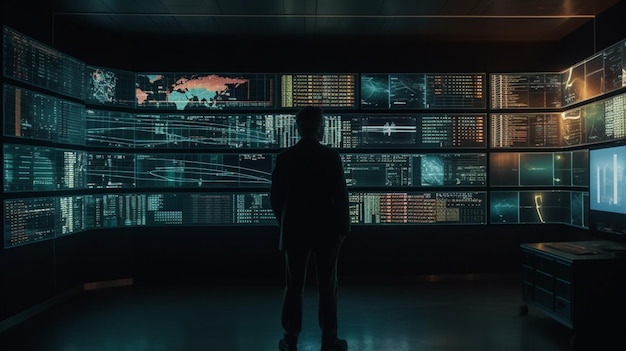 Un uomo si trova davanti a un display di un display futuristico.