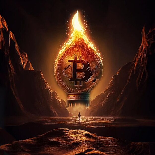 Un uomo si trova davanti a un fuoco con un grande simbolo di un bitcoin su di essoillustrazione di affari di bitcoin