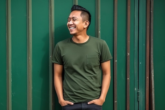Un uomo si trova davanti a un muro verde e sorride.
